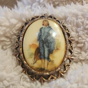 Estate Vintage BLUE BOY Porcelain Brooch On Brass-tone Jewelry